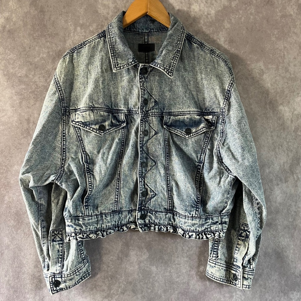 MOTHER Denim Jacket Women Large Blue Acid Wash Cropped Ruffle Hem 3951-645